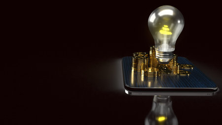 The light bulb and gold coins on tablet for idea or business content 3d rendering.