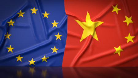 Chinese  and  European union  flag  image 3d renderingの写真素材