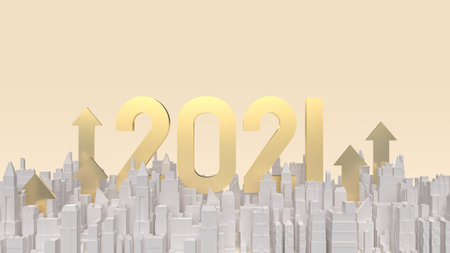 gold number 2021 and building arrow up for business content 3d rendering.の写真素材