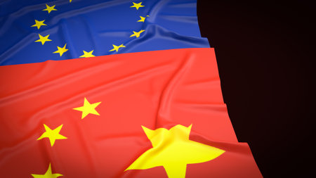 Chinese  and  European union  flag  image 3d renderingの写真素材