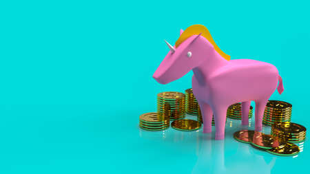 pink unicorn and gold coins for start up business content 3d rendering.の写真素材