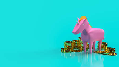 pink unicorn and gold coins for start up business content 3d rendering.の写真素材