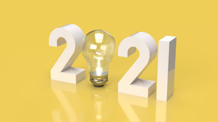 number 2021 and Light bulb on yellow background 3d rendering.