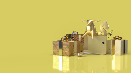 gold bull in gift box surprise for business content 3d rendering