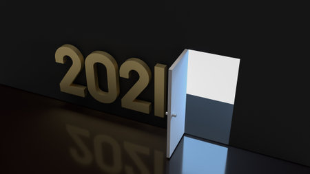 2021 gold text and light glow on a door for abstract background content 3d rendering.の写真素材