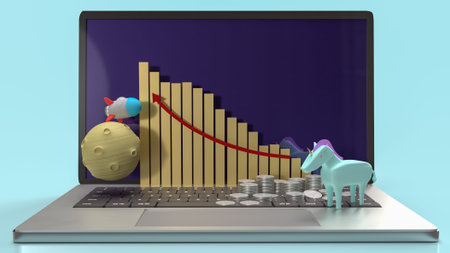 unicorn and rocket on notebook for startup content 3d rendering.