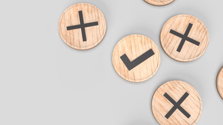 The right and wrong symbol on wooden plate 3d renderingの写真素材