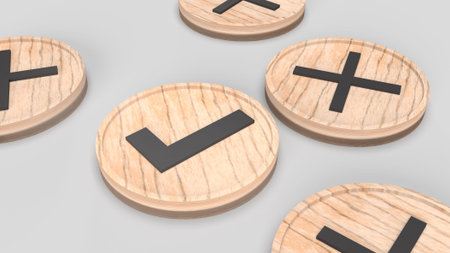 The right and wrong symbol on wooden plate 3d rendering