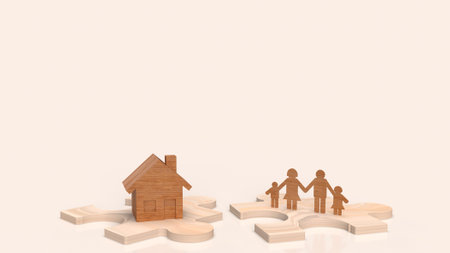 home wooden and family plate on jigsaw 3d rendering.