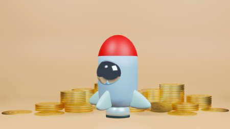 rocket and gold coins for start up content 3d renderingの写真素材