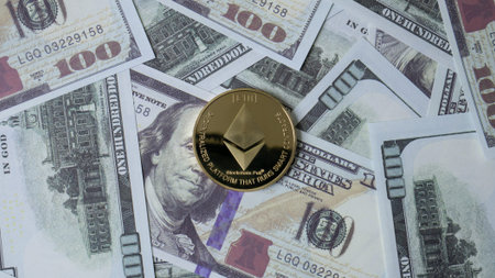 ethereum coin and banknote 100 dollar  top view image for business content