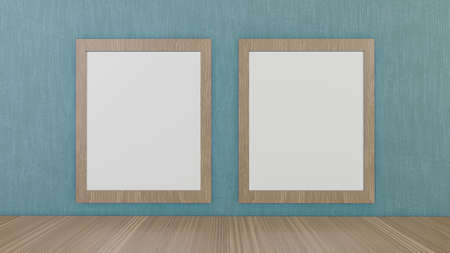 blank picture frames on green wallpaper  for background 3d renderingの写真素材