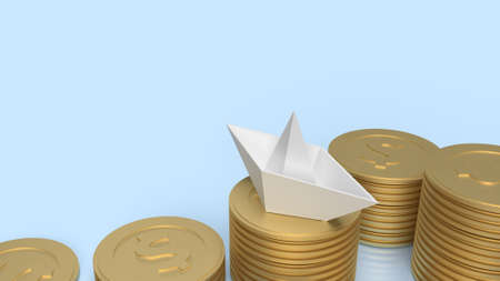 white paper boat and gold coins on blue background for blue ocean content 3d renderingの写真素材