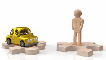 man wood figure and car toy on jigsaw for car or transport content 3d renderingの写真素材