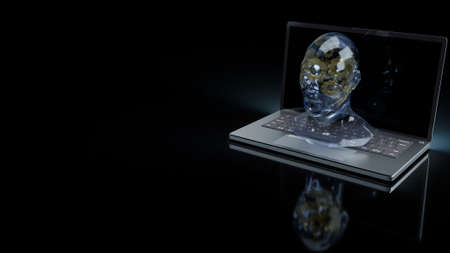 human head crystal and gold gear inside on laptop  for machine learning or ai content 3d renderingの写真素材
