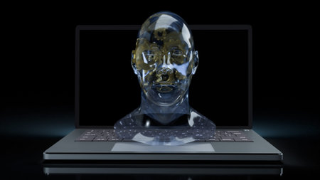 human head crystal and gold gear inside on laptop  for machine learning or ai content 3d rendering