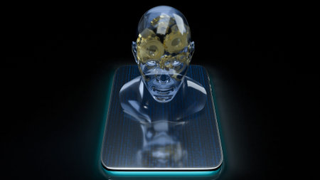 human head crystal and gold gear inside on tablet  for machine learning or ai content 3d rendering