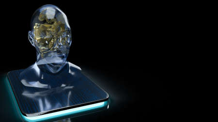 human head crystal and gold gear inside on tablet  for machine learning or ai content 3d renderingの写真素材