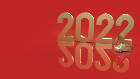 gold number 2022 on red background for new year  concept 3d rendering.の写真素材