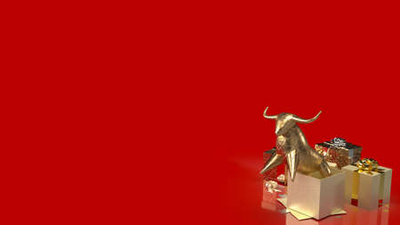 The gold bull and gift box on red background for business concept 3d rendering.の写真素材