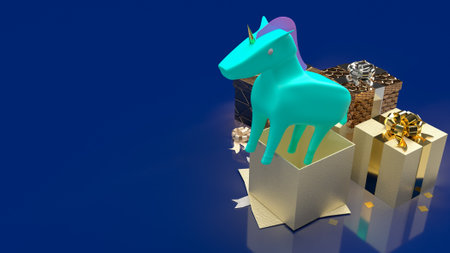 The unicorn and gift box for startup concept 3d renderingの写真素材