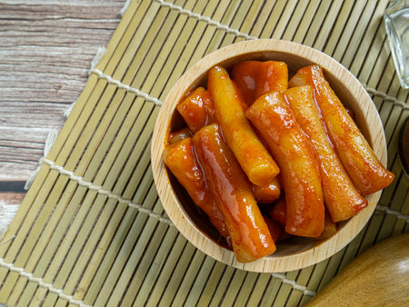 The Tteokbokki or Hot and Spicy Rice Cake  Korea food  top view image.の写真素材