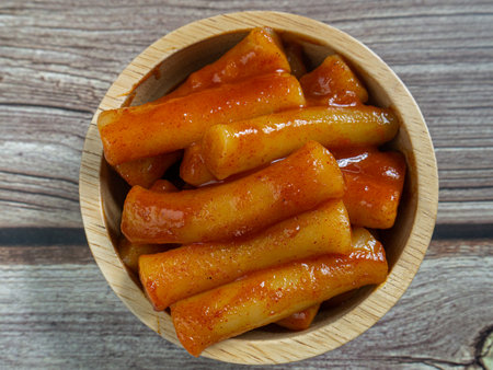 The Tteokbokki or Hot and Spicy Rice Cake  Korea food  top view image.の写真素材