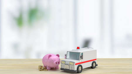 The  ambulance  and piggy bank on wood table for health care or medical concept 3d renderingの写真素材