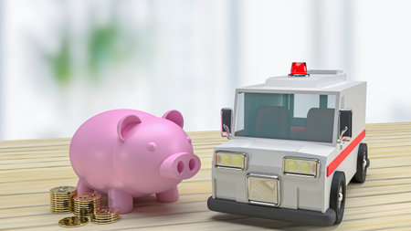 The  ambulance  and piggy bank on wood table for health care or medical concept 3d renderingの写真素材