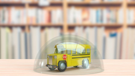 The school bus  and glass dome on wood table for education and outbreaks concept 3d rendering