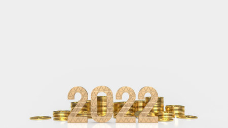 gold number 2022 and gold coins on white background for new year or business concept 3d rendering
