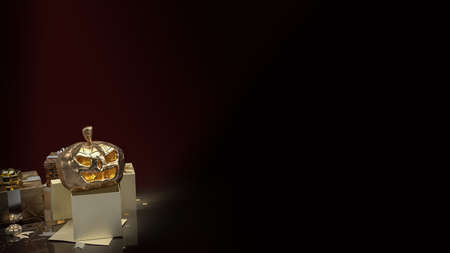 The gold pumpkin lantern and gift box in dark tone for Halloween  concept 3d renderingの写真素材