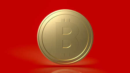 The bitcoin coin on red background  for cryptocurrency or business conceptの写真素材