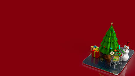 The Christmas tree and shopping cart on tablet  for celebration or holiday concept  3d renderingの写真素材