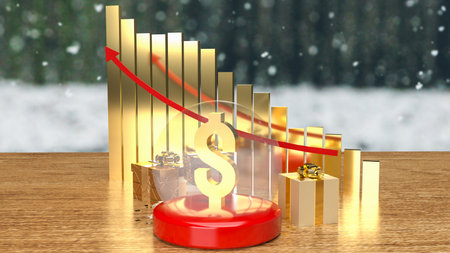 gold dollar in christmas crystal ball  and gift box for business or holiday concept 3d rendering