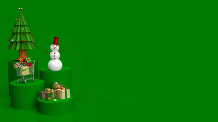 The  Christmas tree and snowman on green color tone for holiday or business concept 3d renderingの写真素材