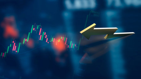 gold arrow up on business chart background 3d renderingの写真素材