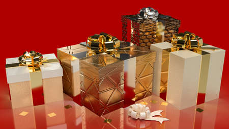 gold gift box on red background for celebration or holiday concept 3d renderingの写真素材