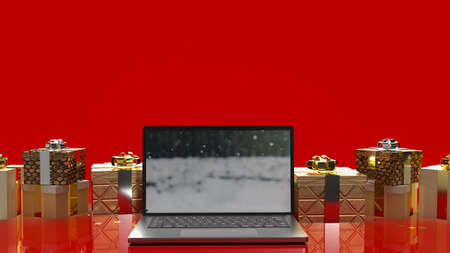 note book and gold gift box on red background 3d renderingの写真素材