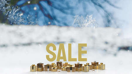 sale gold text and gift box on winter background 3d renderingの写真素材
