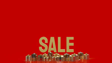 sale gold text and gift box on red background 3d renderingの写真素材