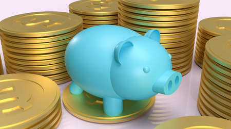 blue piggy bank  and gold coins  for saving or business concept 3d renderingの写真素材