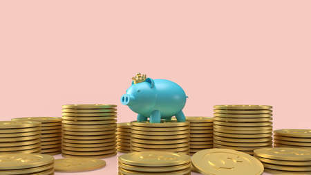 blue piggy bank and gold crown on coins  for saving or business concept  3d renderingの写真素材