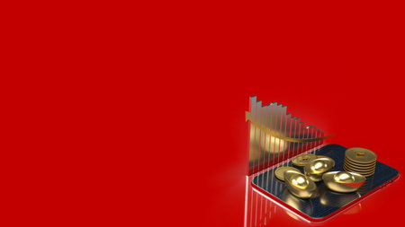 Chinese gold  and tablet on red background for business concept 3d rendering