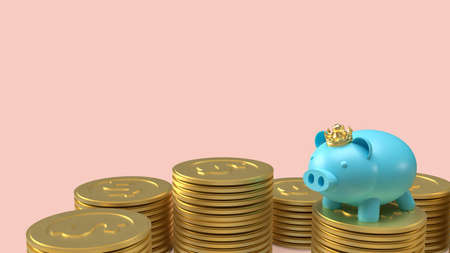 blue piggy bank and gold crown on coins  for saving or business concept  3d renderingの写真素材