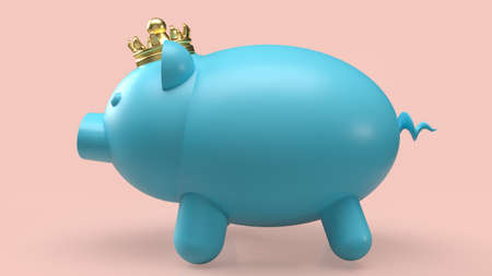 blue piggy bank and gold crown for saving or business concept  3d renderingの写真素材