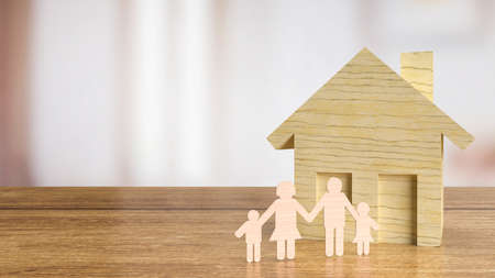 family wood plate and home for property or life style  concept 3d renderingの写真素材