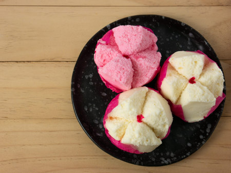 Chinese fluffy rice flour cake on wood table for celebration dayの写真素材