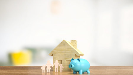 family wood plate and piggy bank  for property or savings  concept 3d rendering
