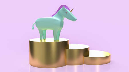 blue unicorn and gold stairs for startup concept 3d renderingの写真素材
